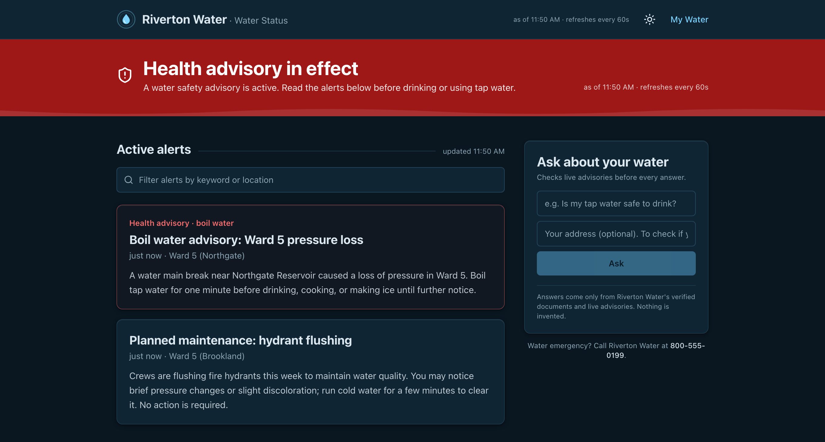 The public status page during a boil-water advisory