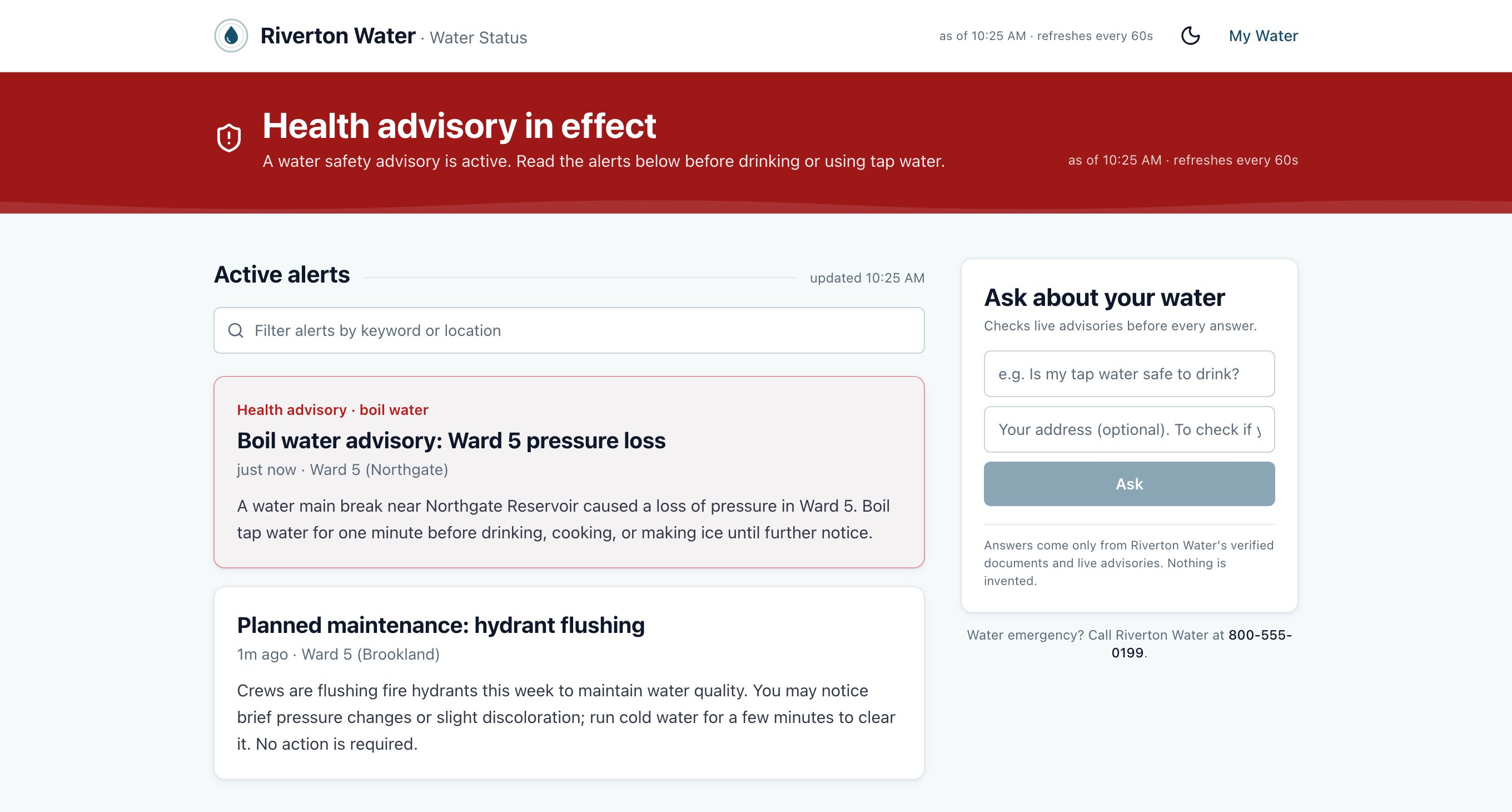 The public status page during a boil-water advisory