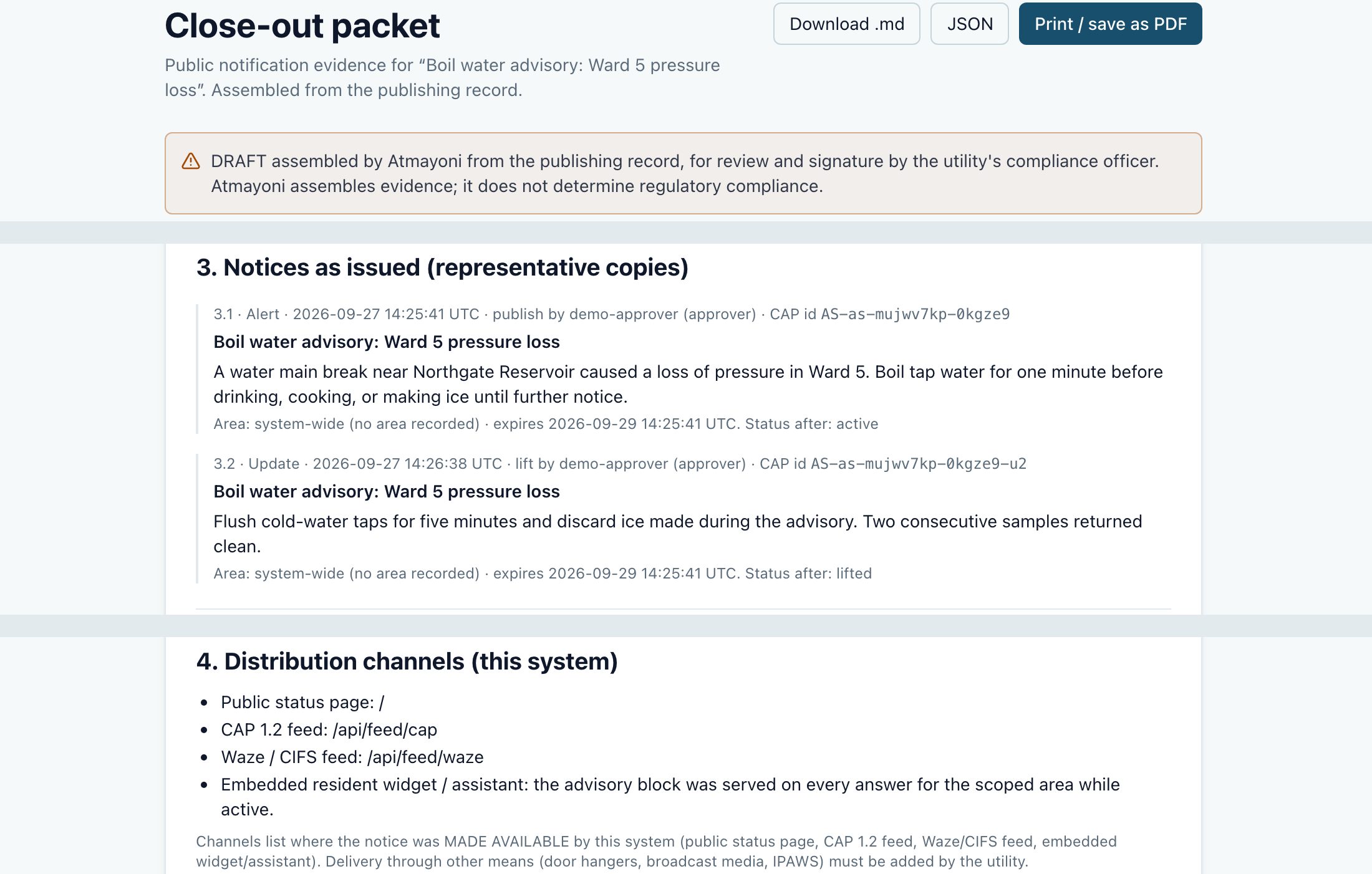 The close-out packet: notices as issued with CAP ids and named actors