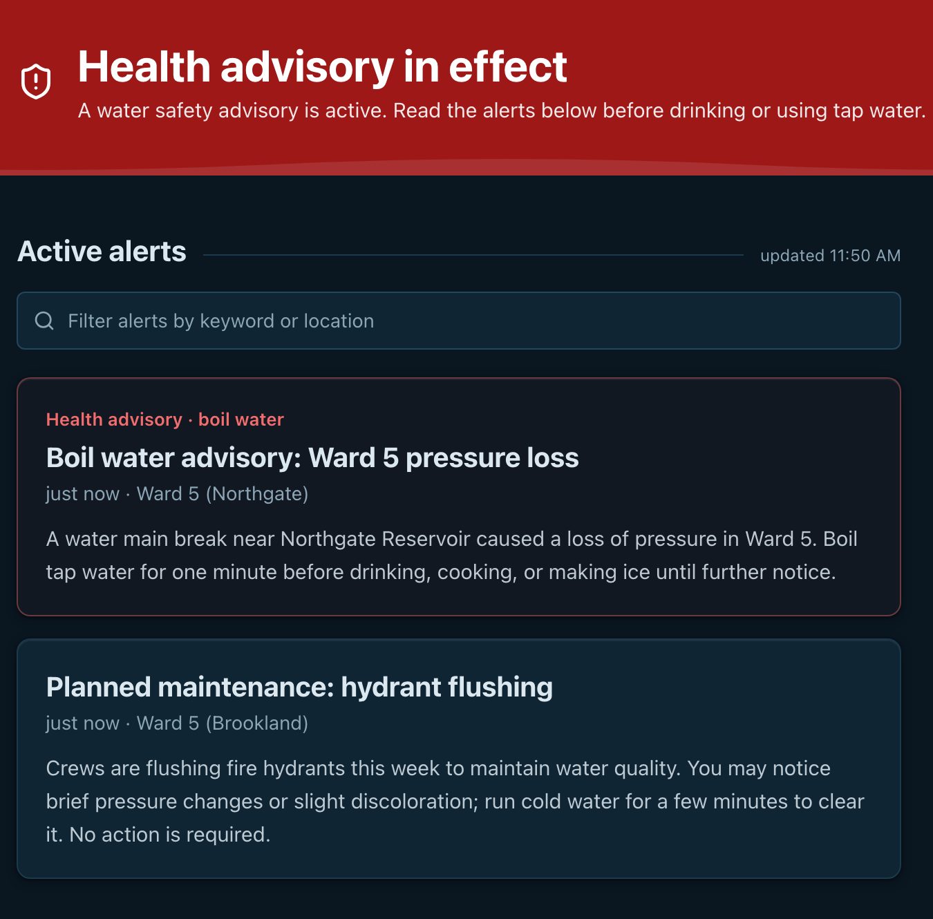 The public status page during a boil-water advisory